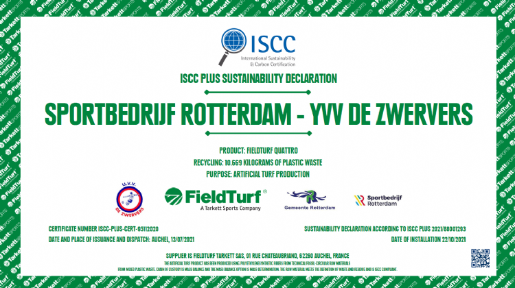 De claim dat het kunstgras is gemaakt van gerecycled plastic wordt door het ISCC geverifieerd.