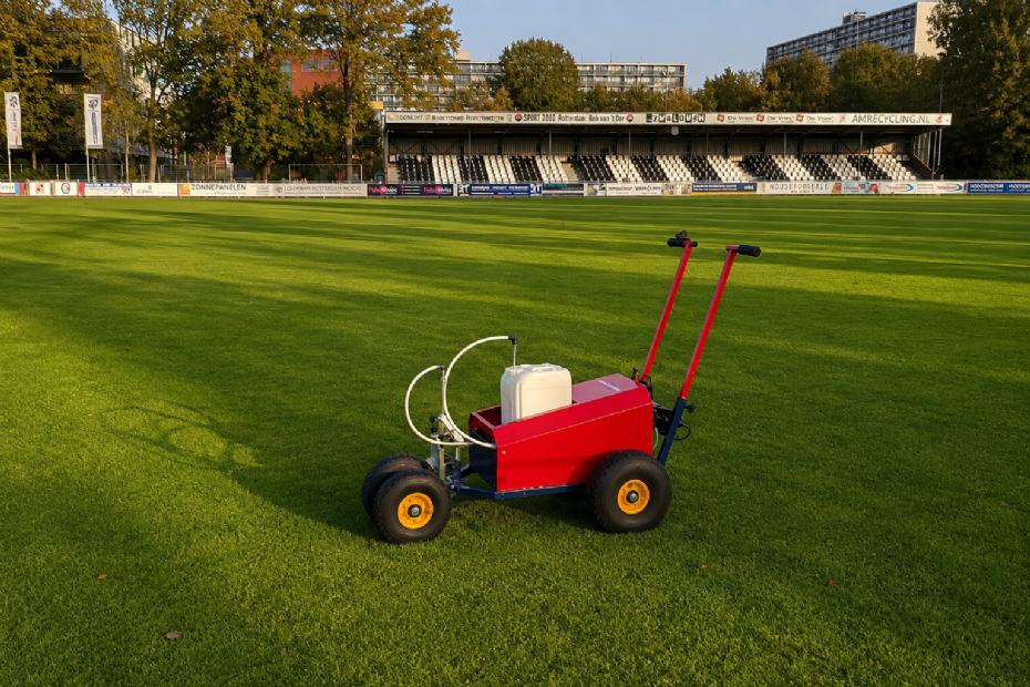 Door de droogte kunnen de natuurgrasvelden van v.v. Zwaluwen niet worden beregend (foto AI)